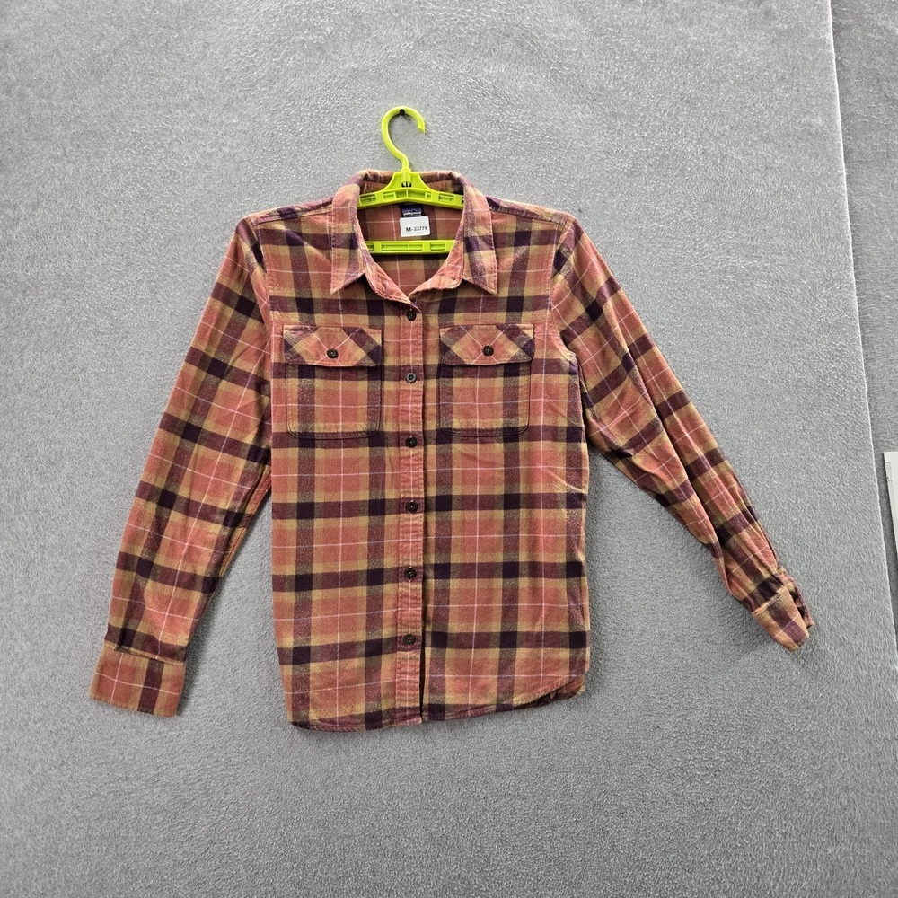 Patagonia Women Button Up Shirt M Orange Plaid Flannel Fjord‎ Organic Cotton LS
